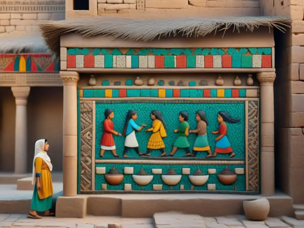 Un mosaico detallado muestra niños de diversas etnias jugando escondite en un bullicioso mercado de la antigua Mesopotamia, reflejando la rica diversidad cultural y los orígenes del juego de escondite en Oriente Medio