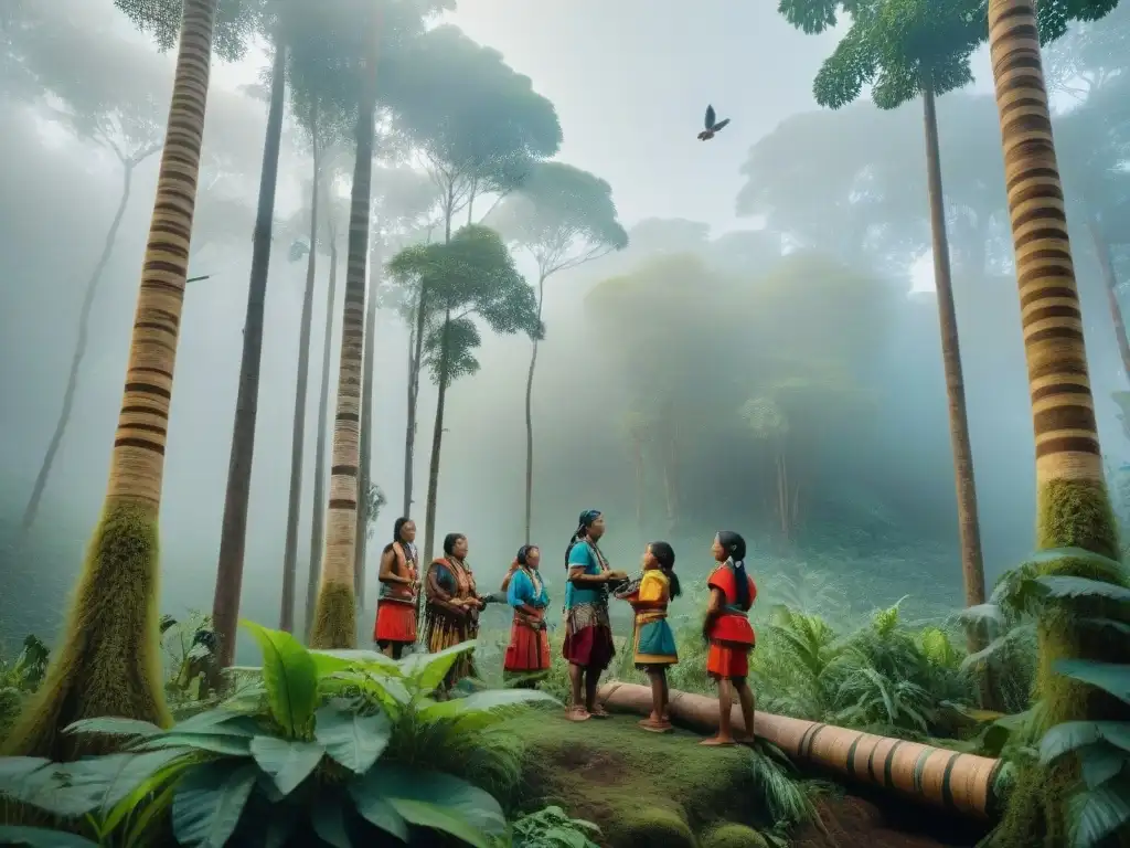 Un mosaico detallado de niños indígenas jugando en el bosque, transmitiendo armonía y conexión con la naturaleza