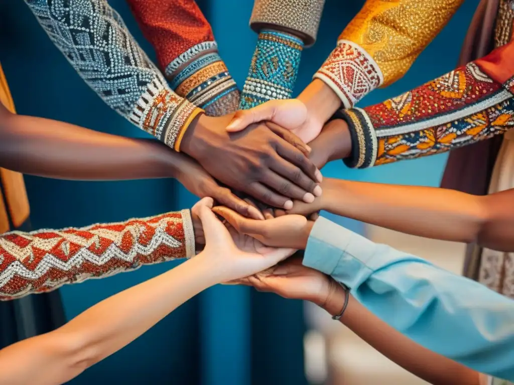 Manos unidas: un mosaico vibrante de diversidad y colaboración global Un mosaico intrincado de manos diversas unidas en unidad, simbolizando colaboración y solidaridad en un estilo vibrante y detallado