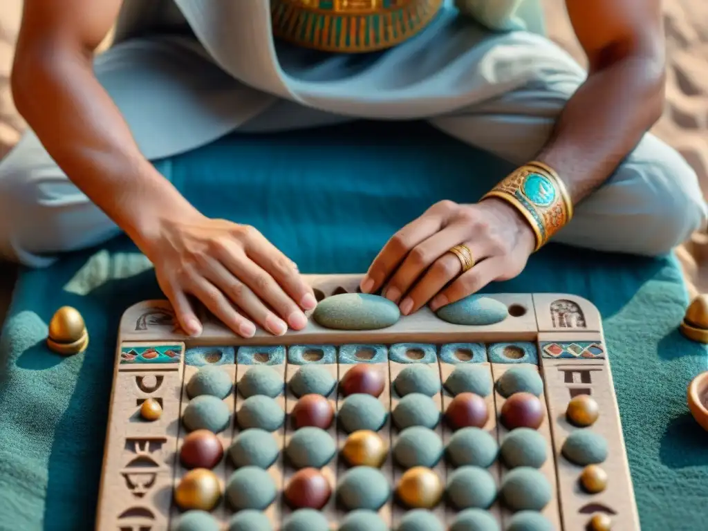 Mosaico vibrante de egipcios jugando Mancala en mercado antiguo