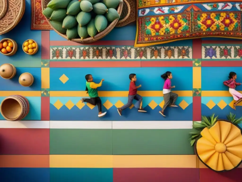 Un mosaico vibrante de niños de diversas culturas jugando juntos en un bullicioso mercado