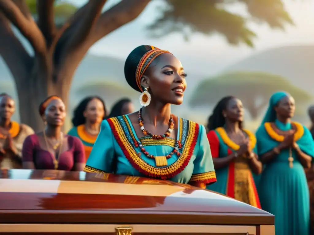 Mujeres africanas danzando y cantando alegremente en juegos funerarios tradicionales en la sabana, reflejando el significado de los rituales en África