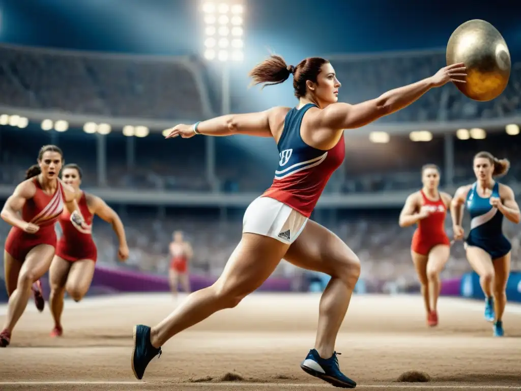 Mujeres atletas griegas compitiendo en antiguos deportes olímpicos, destacando el papel de la mujer en deportes