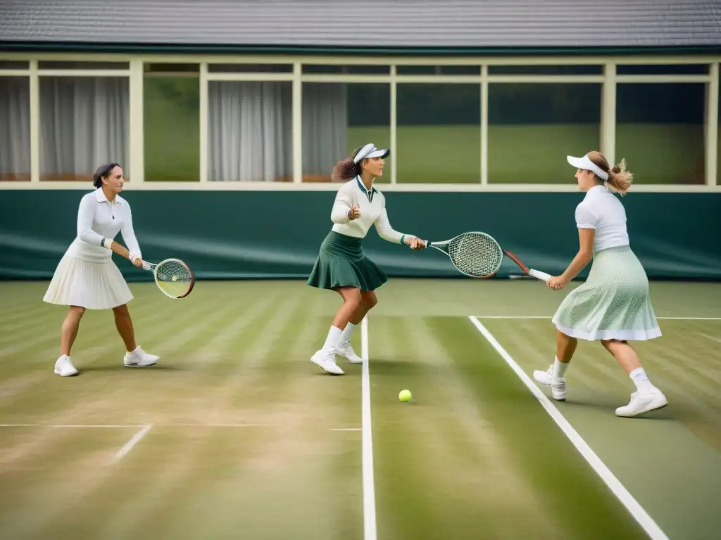 Mujeres en deportes y juegos: Grupo de damas juega tenis en un club campestre, desafiando normas del siglo XIX