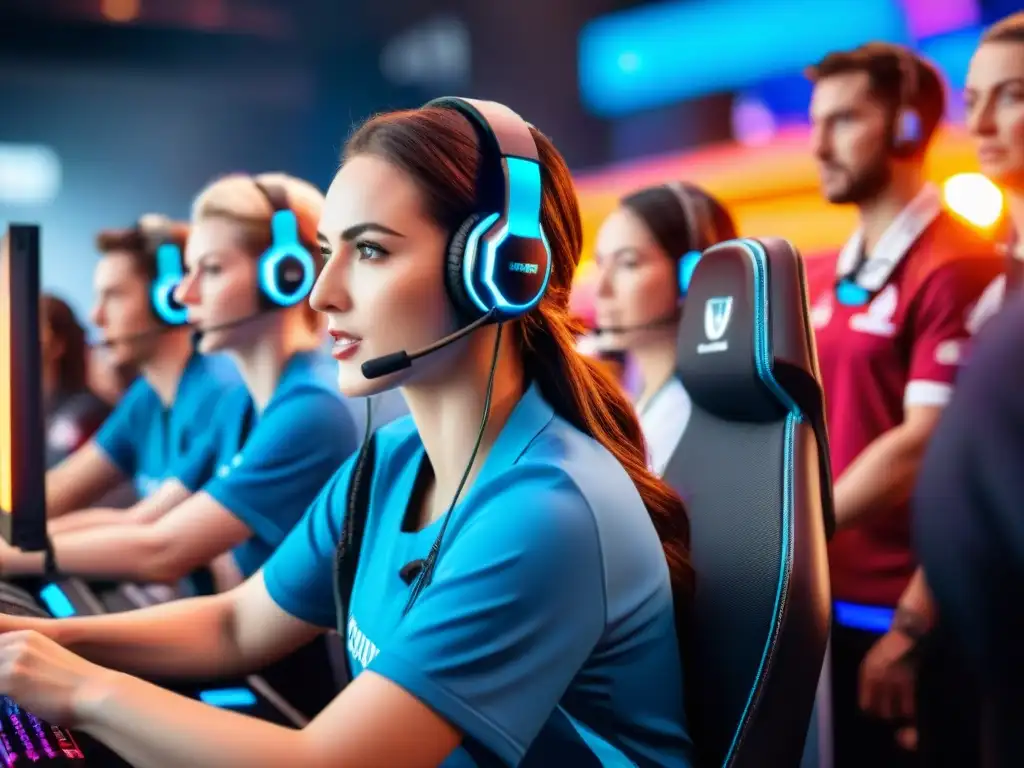 Mujeres diversas compiten con determinación en torneo de eSports, rodeadas de tecnología y una multitud emocionada