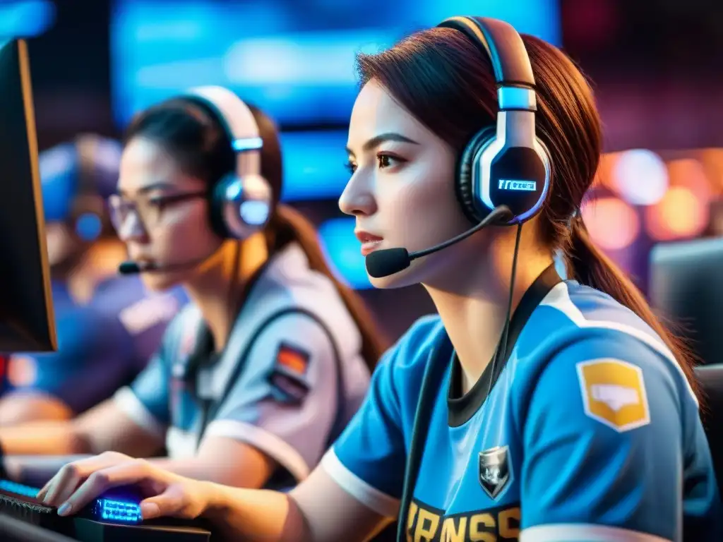 Mujeres en los eSports compitiendo con determinación en un torneo intenso, rodeadas de fans entusiastas