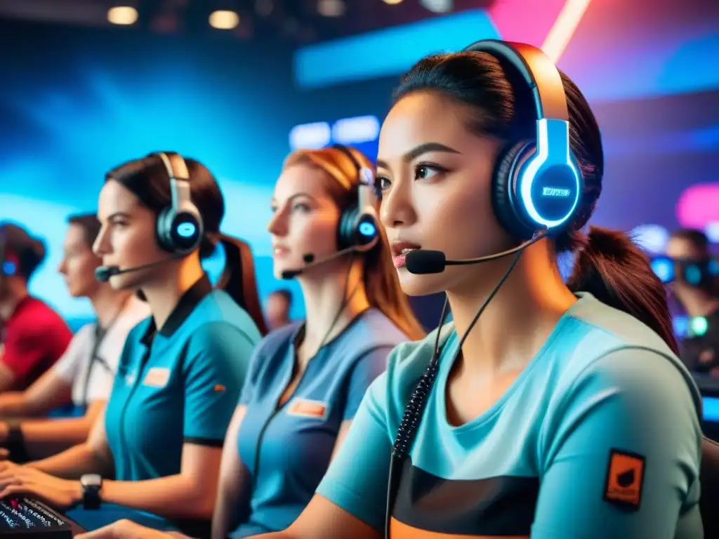 Mujeres gamers concentradas en torneo de eSports, con fans y luces neón