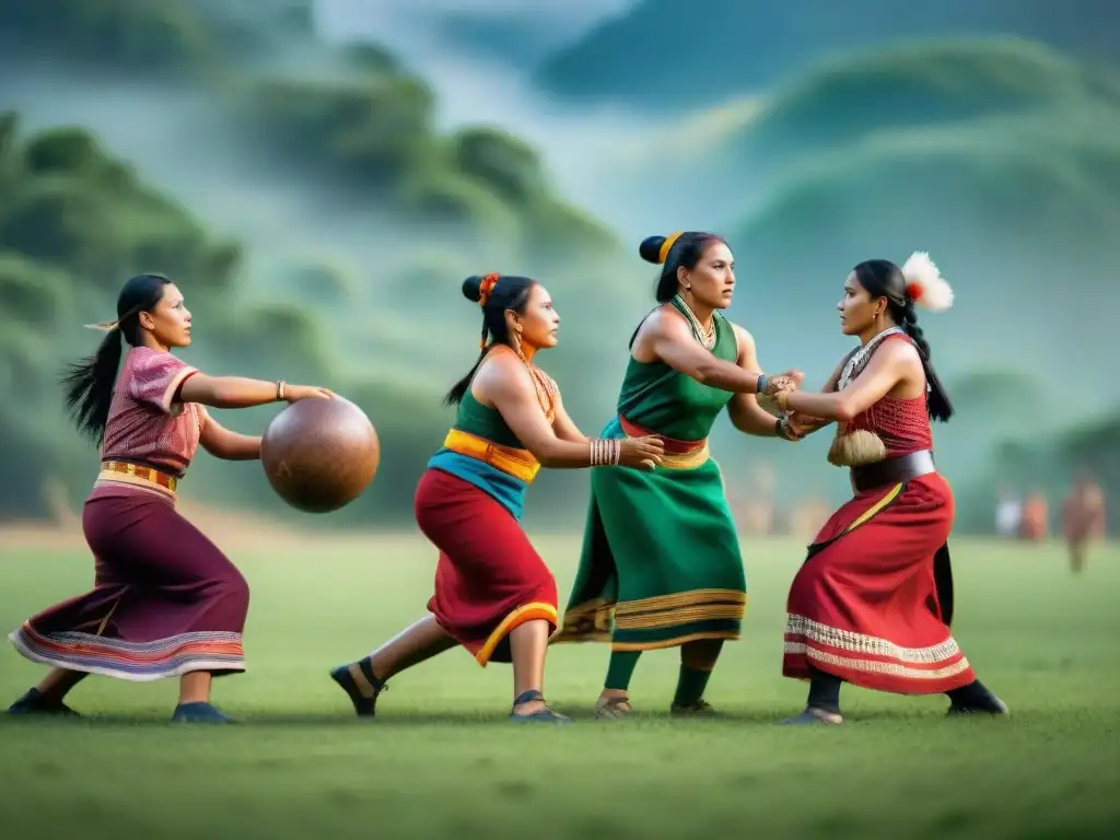 Mujeres indígenas juegan en campo verde, vistiendo trajes tradicionales coloridos