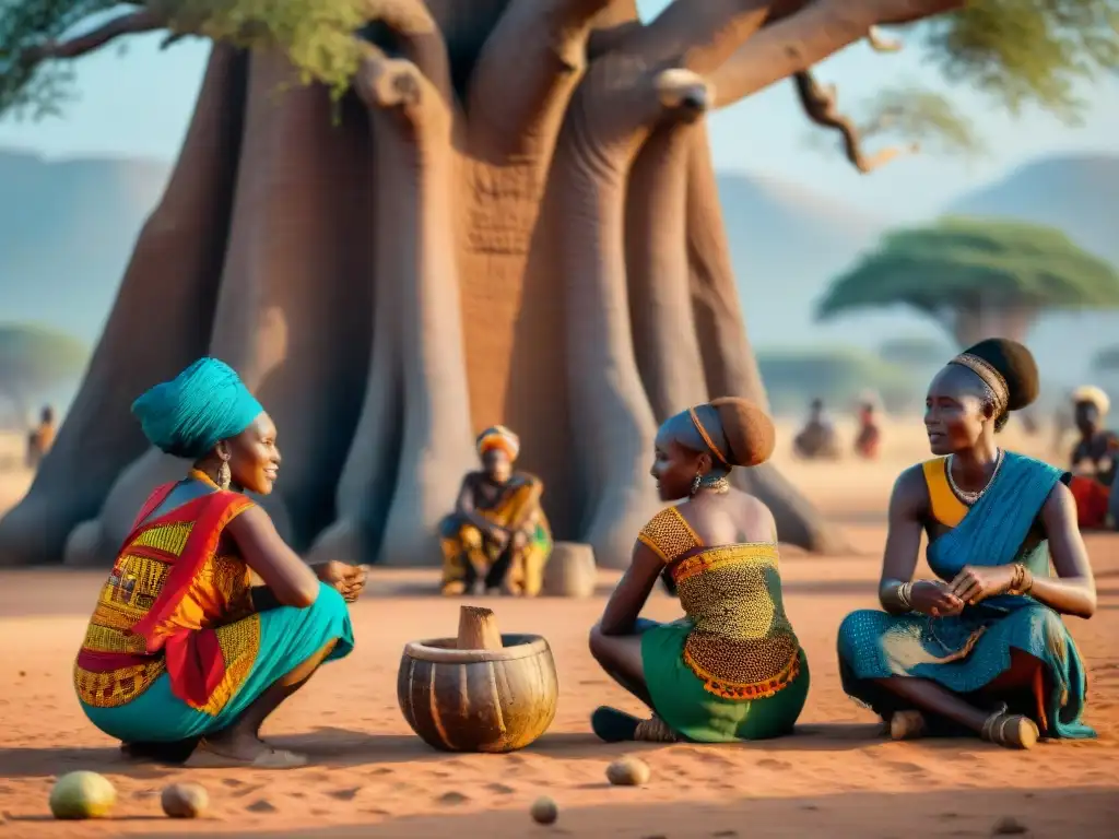 Mujeres participando en juegos tradicionales africanos bajo un baobab, transmitiendo sabiduría intergeneracional