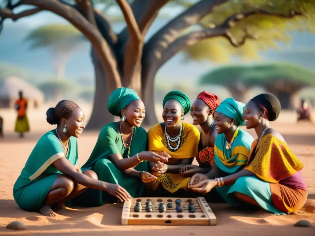 Participación mujeres en juegos tradicionales africanos: juego de mancala bajo baobab, colores vibrantes y expresiones de alegría