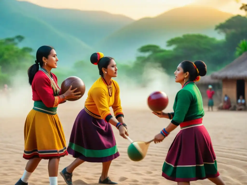 Mujeres Purepecha juegan Pelota Purepecha en un emocionante partido en la cancha bajo el sol, mostrando la tradición de juegos culturales