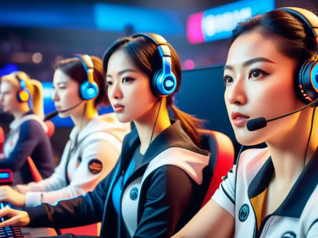 Mujeres compitiendo en torneo de eSports, demostrando habilidad y pasión