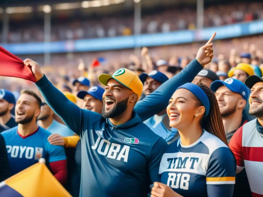 Multitud de aficionados con sombreros deportivos animados en estadio vibrante