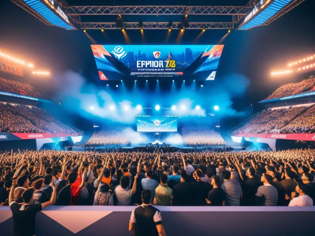 Una multitud apasionada llena un estadio durante un torneo de eSports, mostrando la evolución de los torneos de eSports