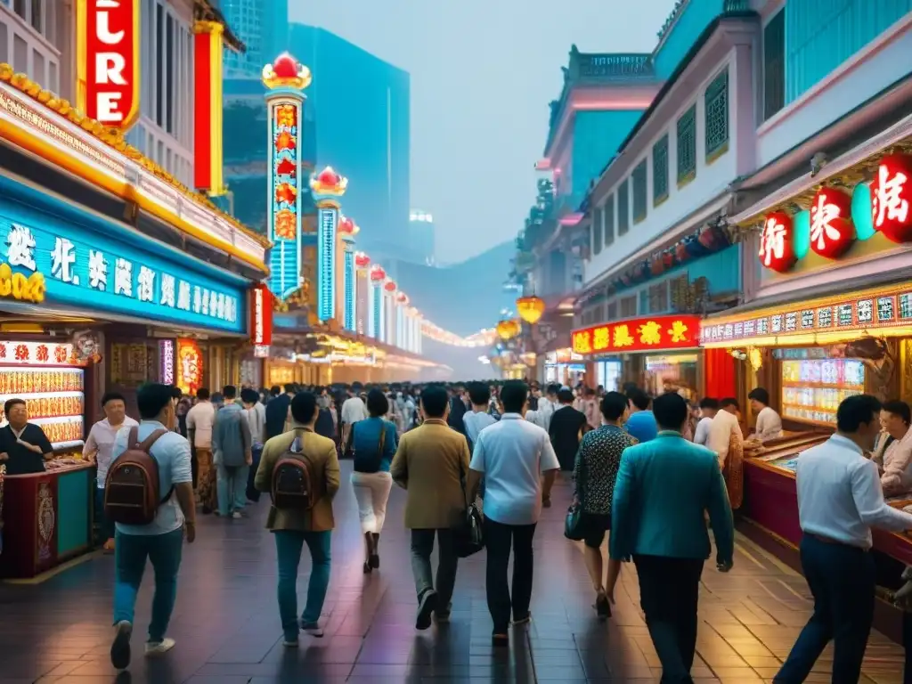 Multitud en bulliciosa calle de Macao, capital del juego en Asia, con deslumbrantes luces de neón anunciando casinos