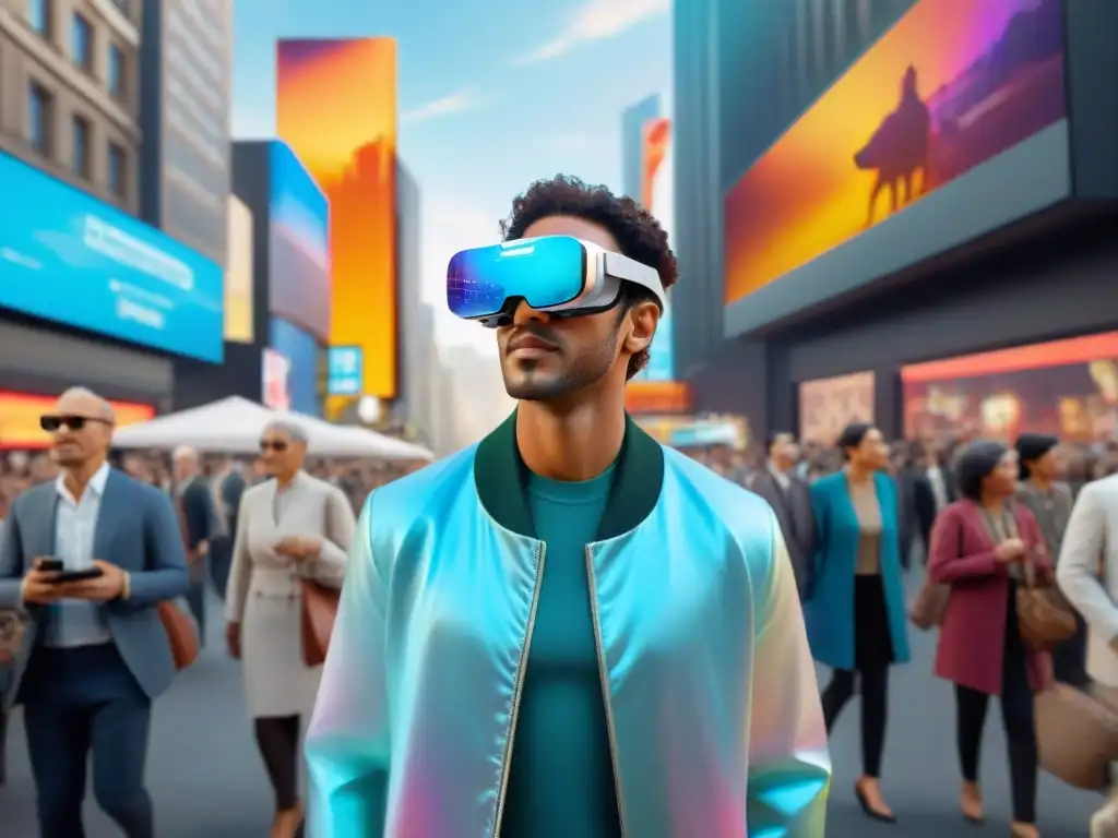 Multitud en la calle de la ciudad usando gafas de realidad aumentada con hologramas interactivos