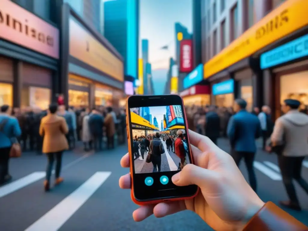 Multitud en la calle juega en smartphones con juegos de realidad aumentada, evolución cultural palpable