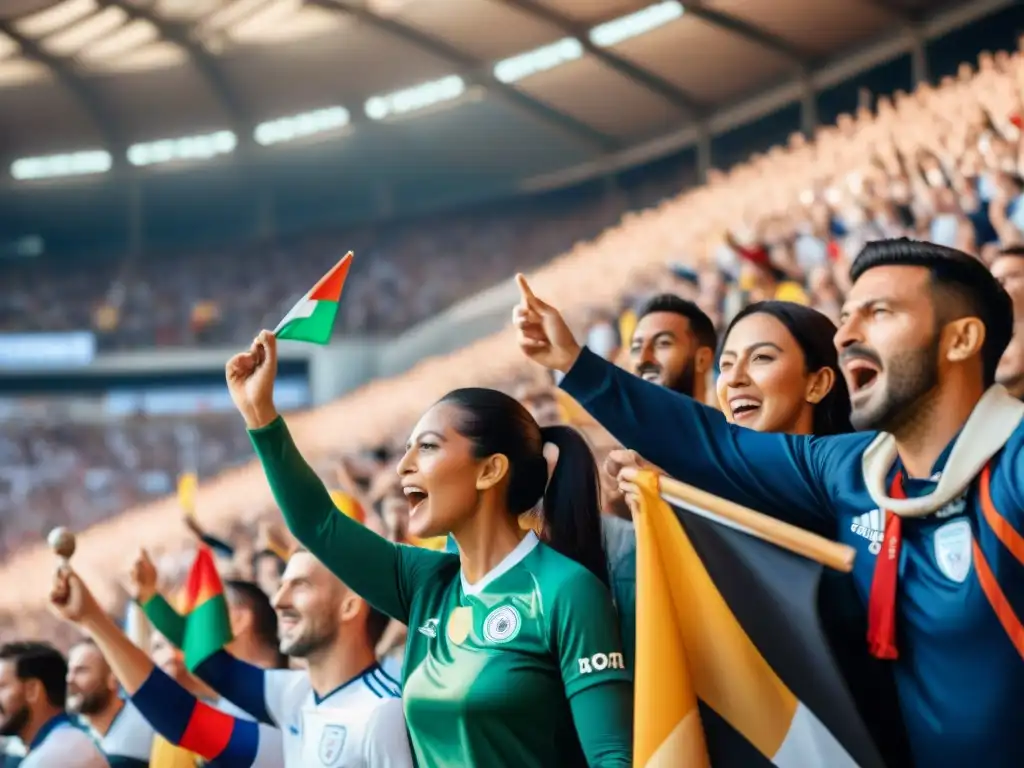 Una multitud diversa y apasionada celebra en un estadio de fútbol, reflejando la evolución del fútbol en culturas