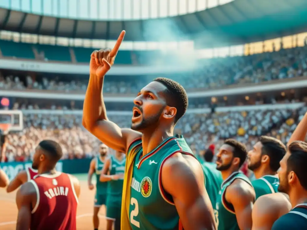 Multitud diversa y apasionada animando en juego histórico de baloncesto en ciudad latinoamericana vibrante