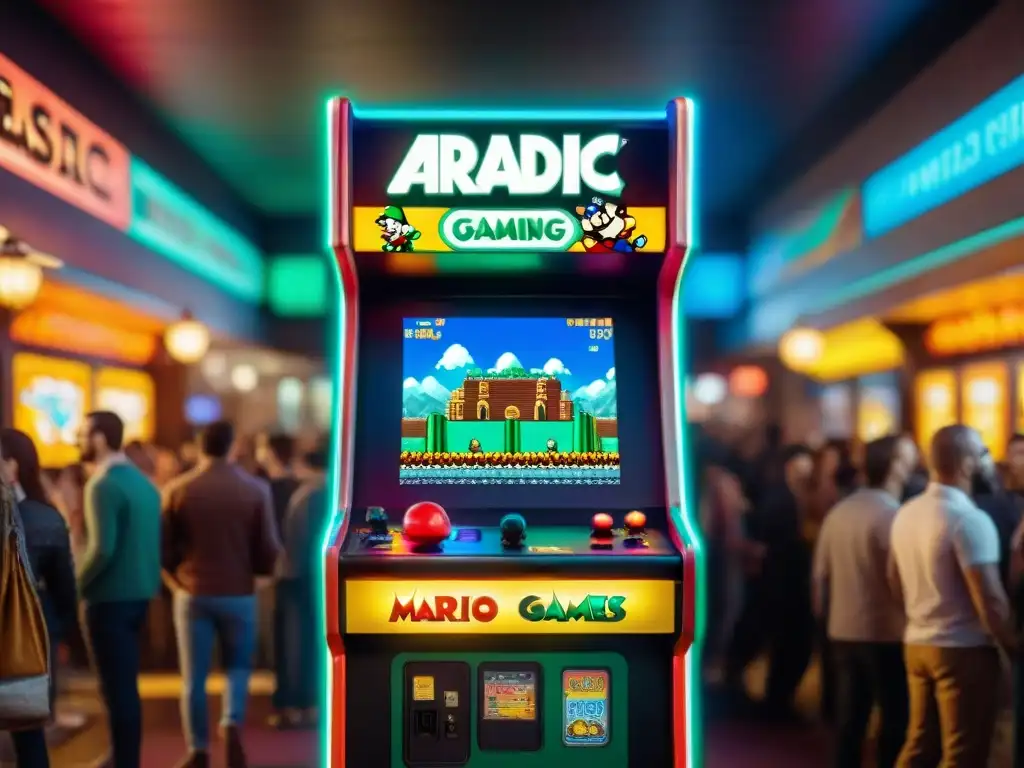 Multitud diversa disfruta de arcade vintage con Mario y Luigi en pantalla