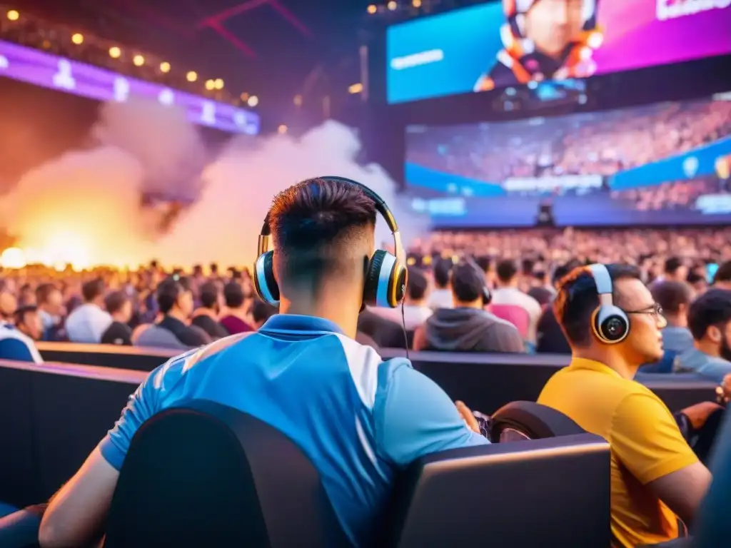 Multitud diversa en arena de eSports, emocionada por la competencia en pantalla gigante