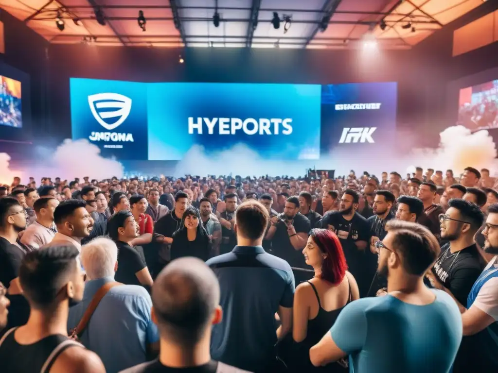 Multitud diversa en arena vibrante viendo eSports juntos, reflejando impacto positivo en comunidades