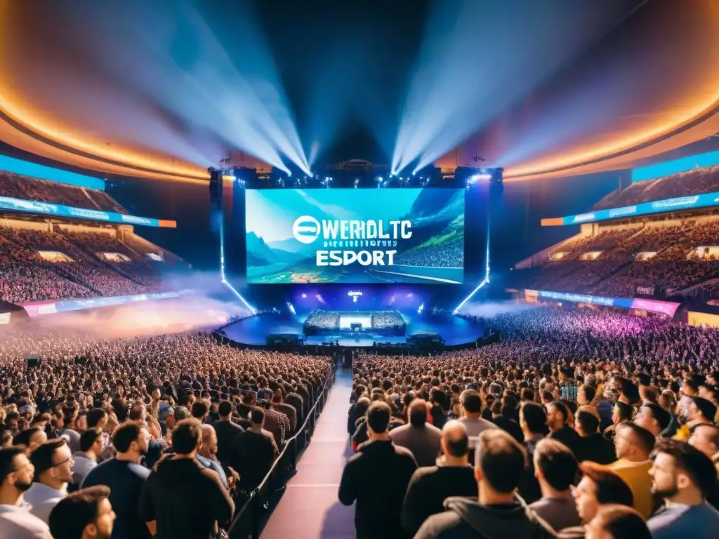 Una multitud diversa observa con emoción un evento de esports en un estadio masivo, con banners coloridos y pantallas vibrantes