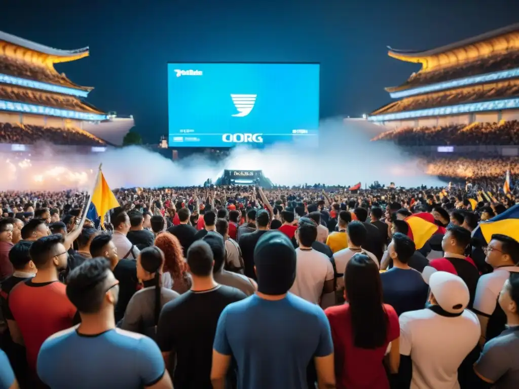 Multitud diversa en estadio lleno, fans apasionados de todo el mundo con camisetas y banderas, unidos por competencias eSports unen culturas