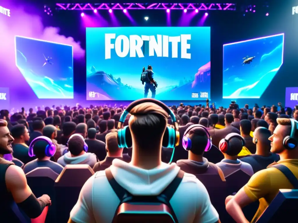 Multitud emocionada en arena de deportes electrónicos viendo batalla de Fortnite