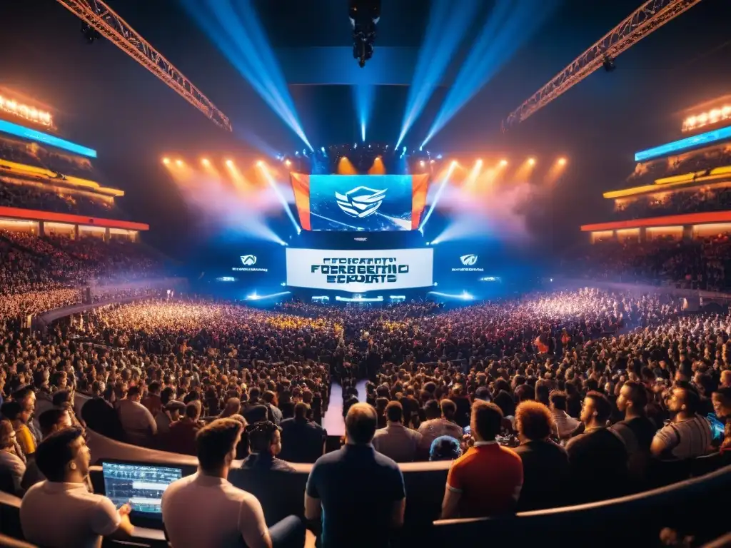 Multitud emocionada en arena de eSports con jugadas maestras y pantallas brillantes