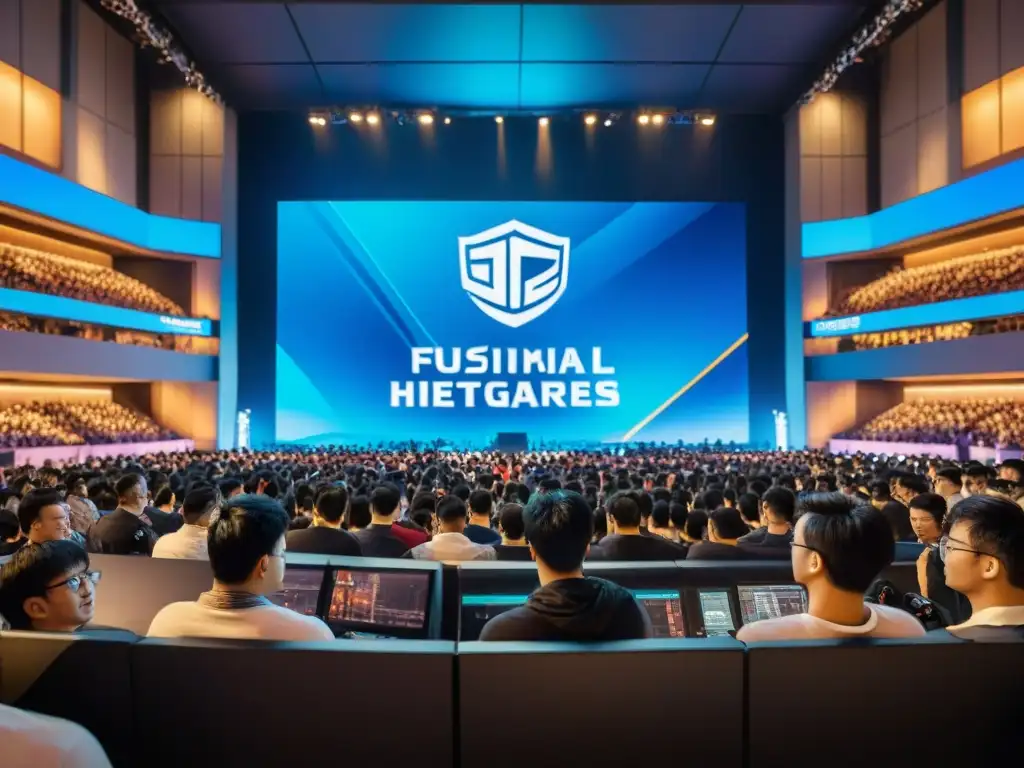 Multitud emocionada en arena de Esports en el Sudeste Asiático, fusionando tradición y modernidad