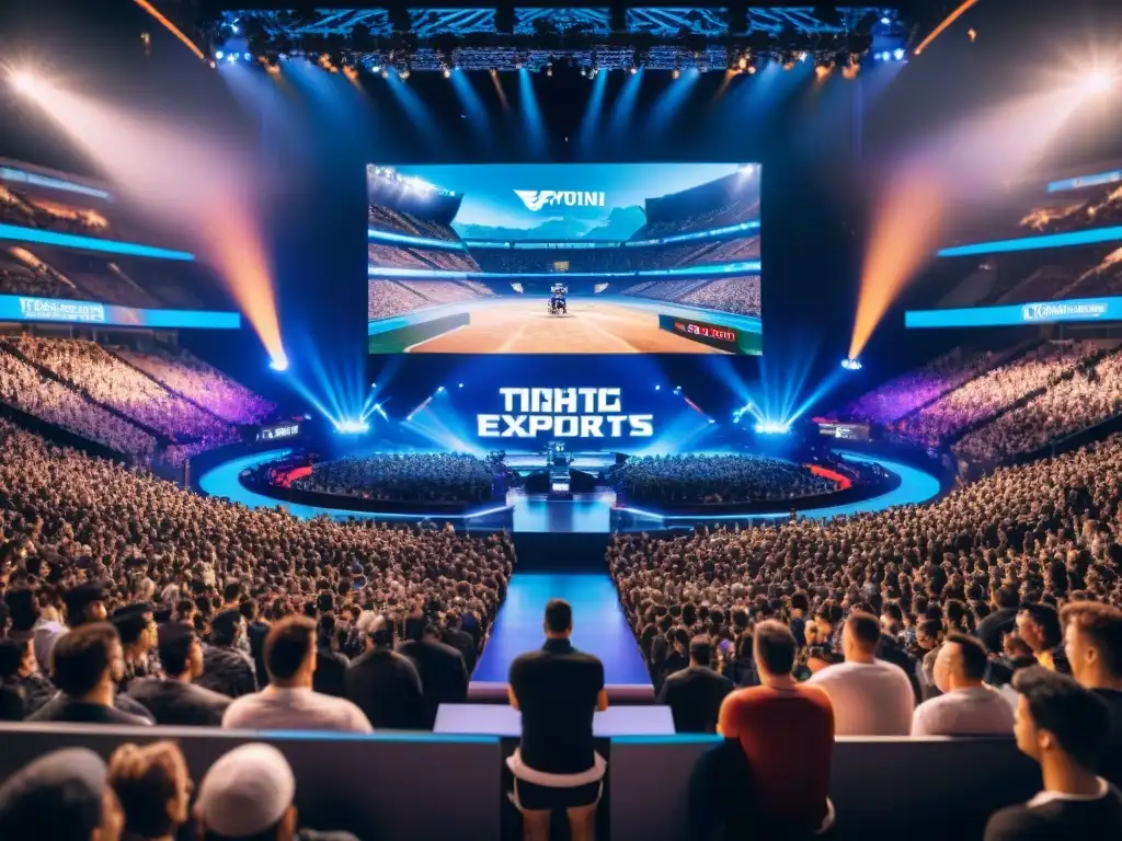 Multitud emocionada en arena de eSports con competición intensa y jugadores concentrados