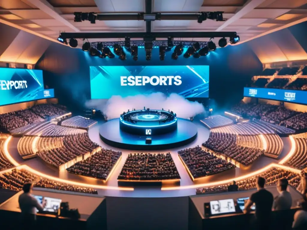 Multitud emocionada en arena de eSports con pantallas LED vibrantes y jugadores concentrados