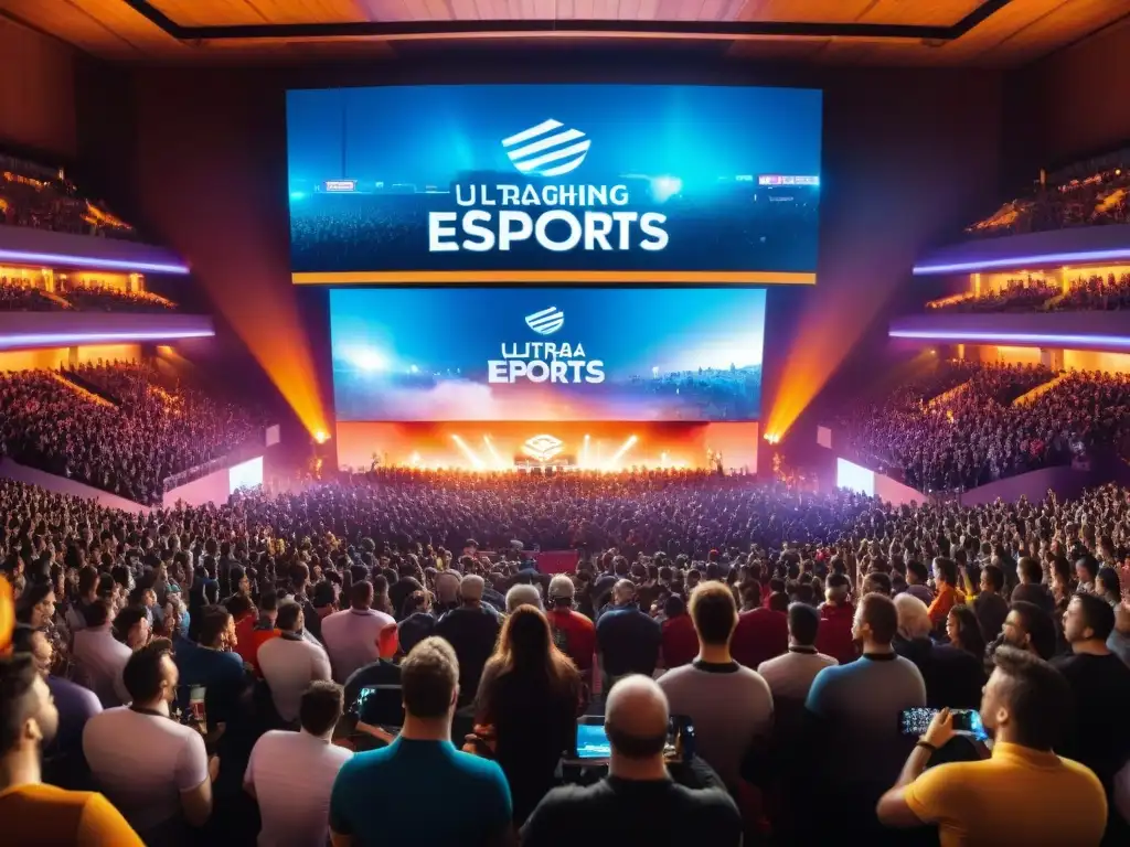 Multitud emocionada en arena de eSports, jugadores compitiendo en escenario