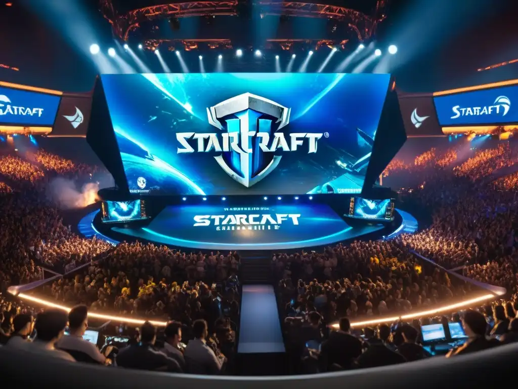 Multitud emocionada en el Campeonato Mundial de StarCraft II, con intensos jugadores, banderas coloridas y luces de neón