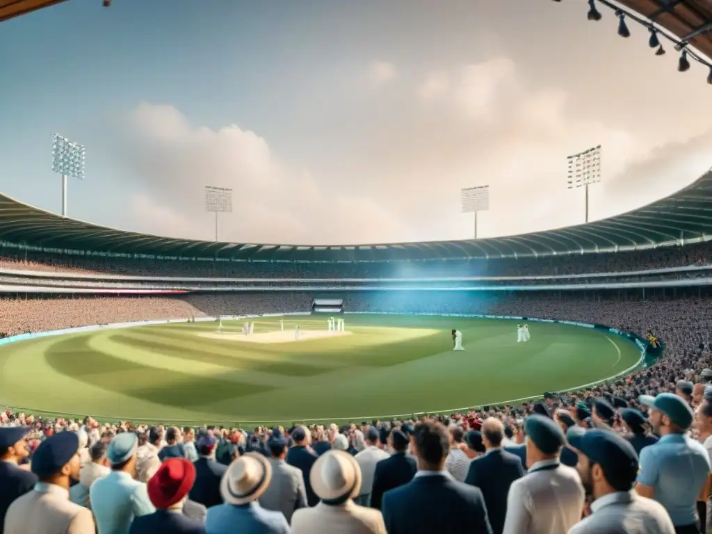 Multitud emocionada en estadio de cricket en Inglaterra, jugadores en acción y banderas al viento