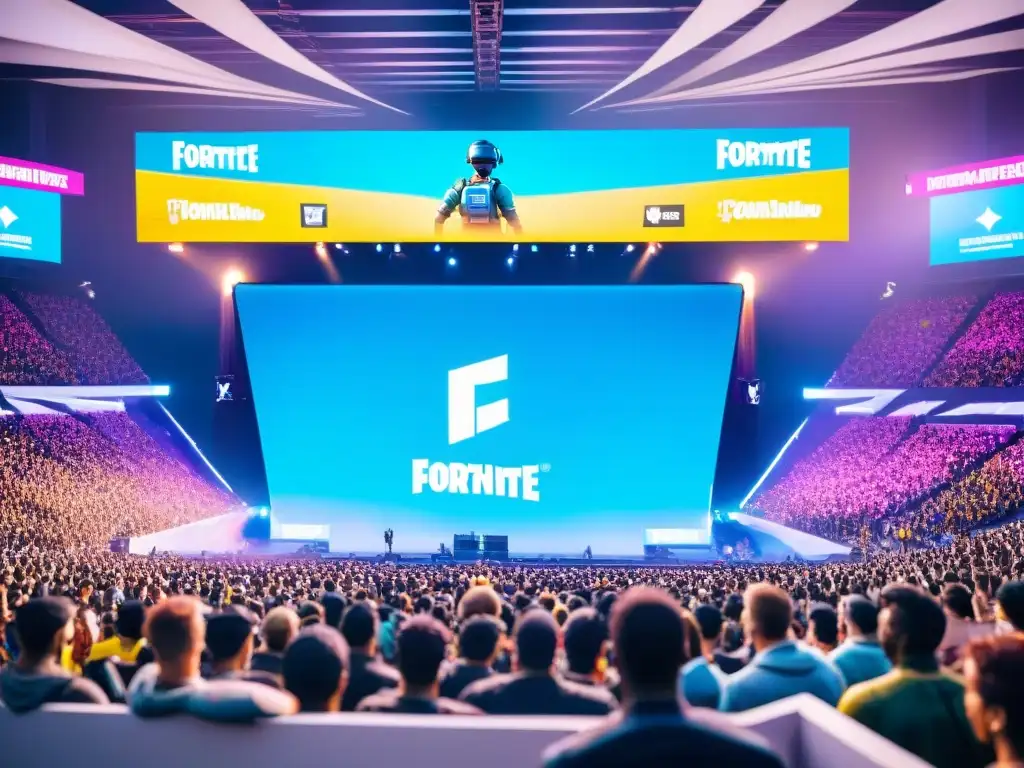 Multitud emocionada en el estadio de la Fortnite World Cup, reflejando la historia de los juegos, deportes, cultura mundial