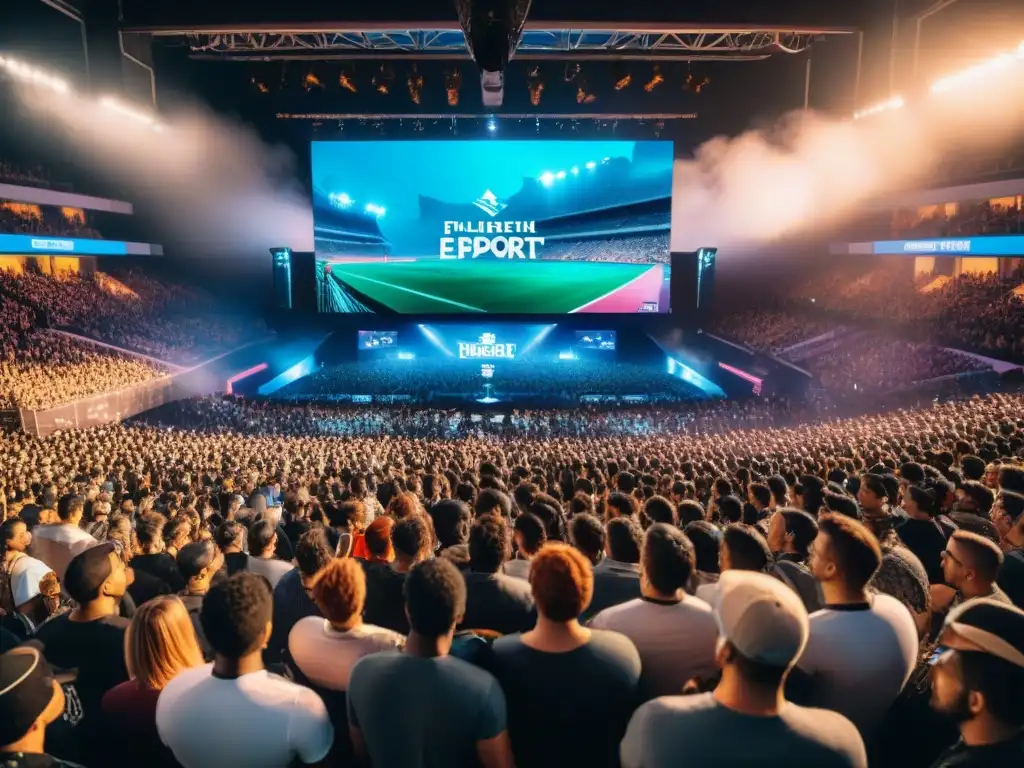 Multitud emocionada en estadio lleno viendo un emocionante partido de deportes electrónicos