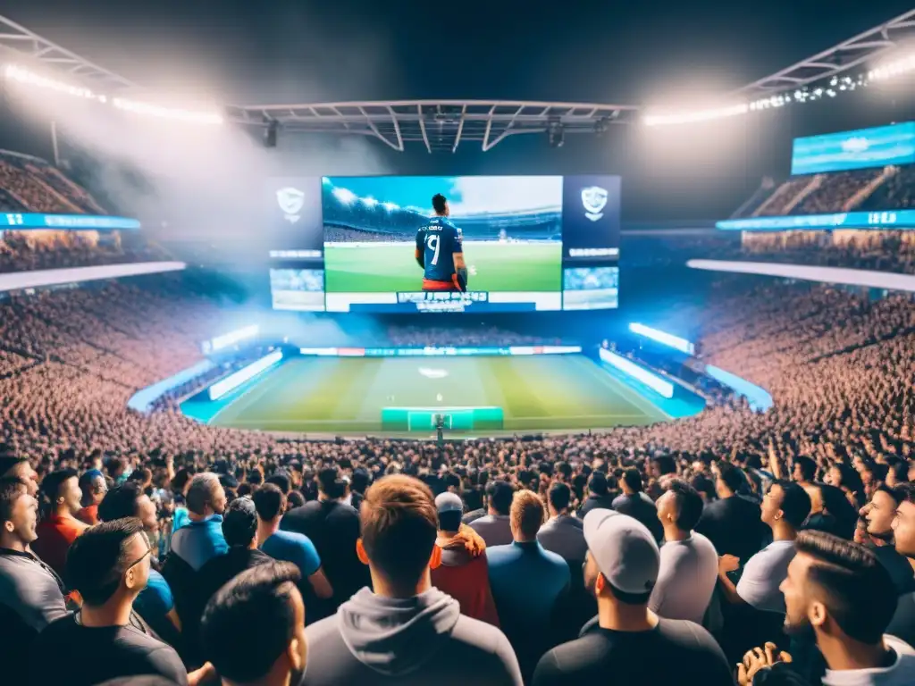 Multitud emocionada en estadio, vibra con partida de eSports en pantalla gigante