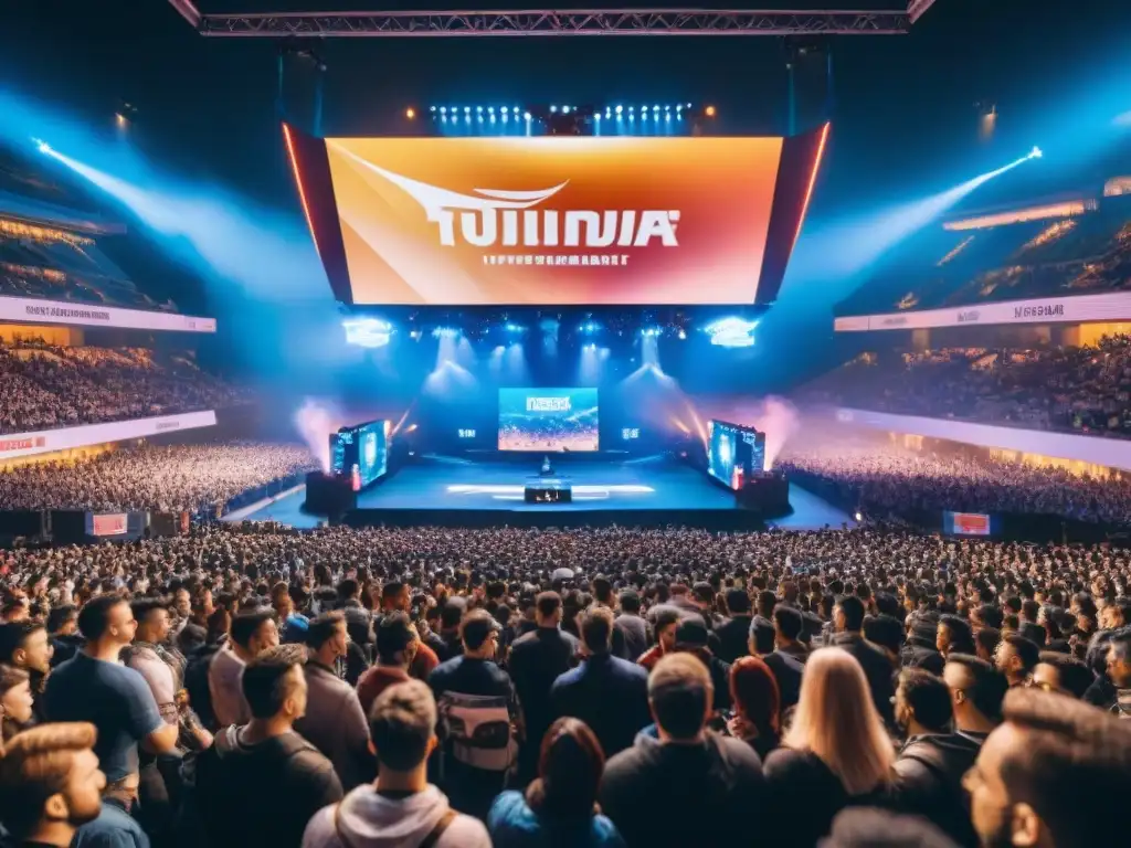 Multitud emocionada en estadio durante torneo eSports