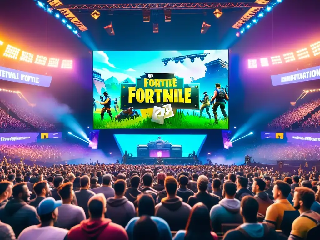 Multitud emocionada en evento de eSports de Fortnite, mirando una batalla intensa en pantalla gigante