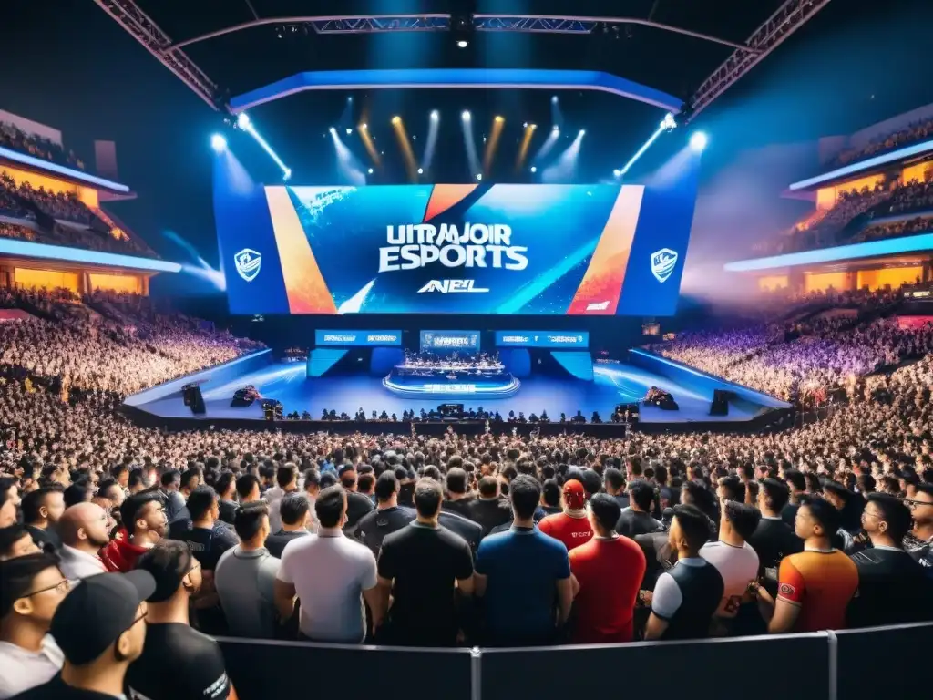 Multitud emocionada en evento eSports con jugadores concentrados en escenario y público variado, reflejando la evolución de los eSports en cultura