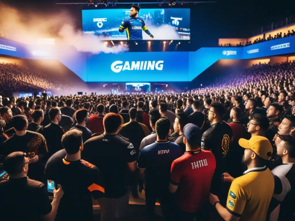 Una multitud emocionada llena de diversidad en un bullicioso estadio de eSports, con pantallas iluminadas y un ambiente de competencia palpable