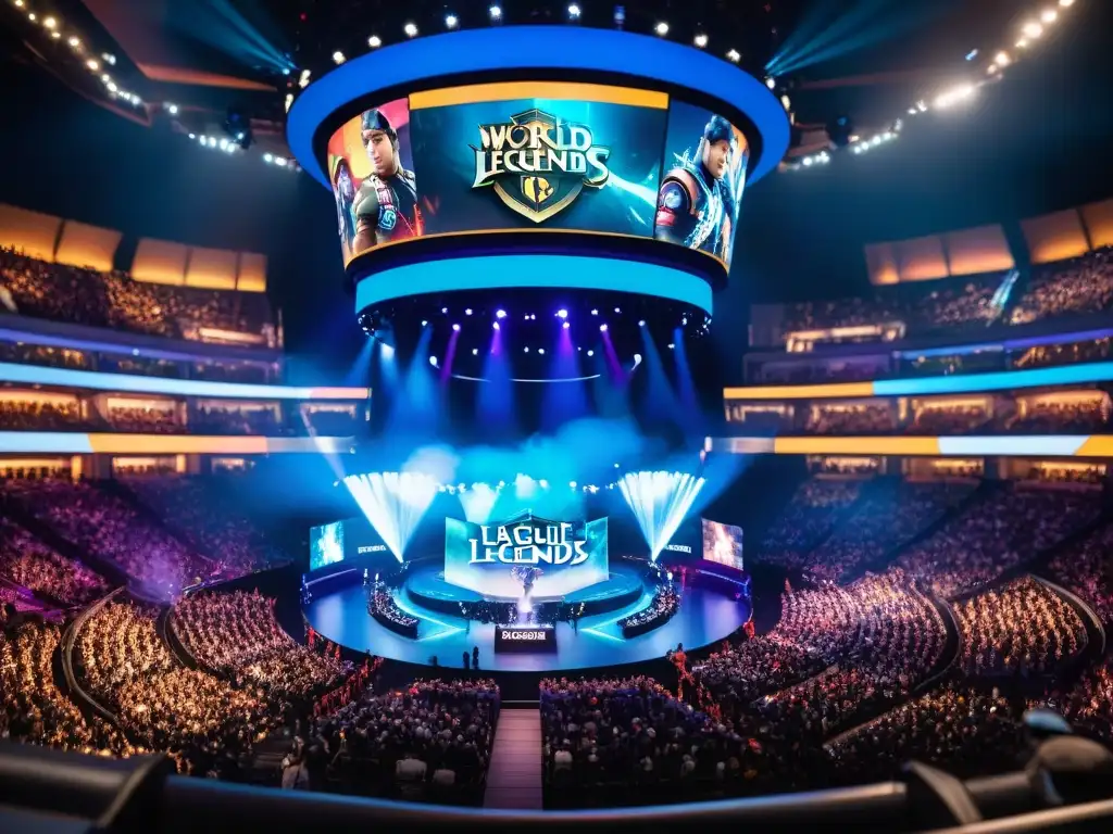 Multitud enardecida en final del Campeonato Mundial de League of Legends, jugadores enfocados en el escenario