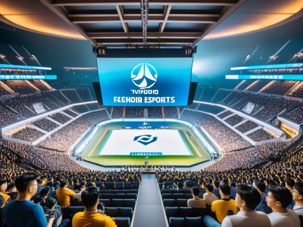 Multitud enérgica en estadio de eSports en Corea del Sur, banderas de países, jugadores concentrados