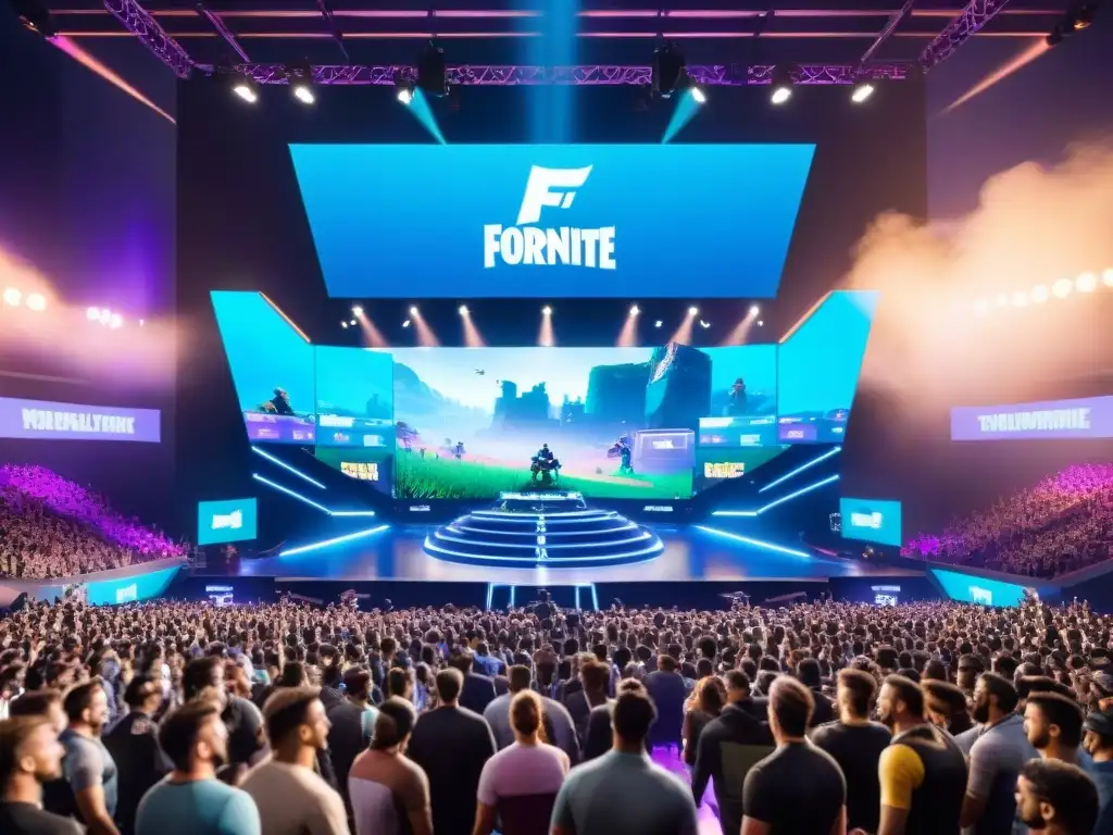 Multitud enérgica en torneo de Fortnite con fans emocionados y jugadores concentrados