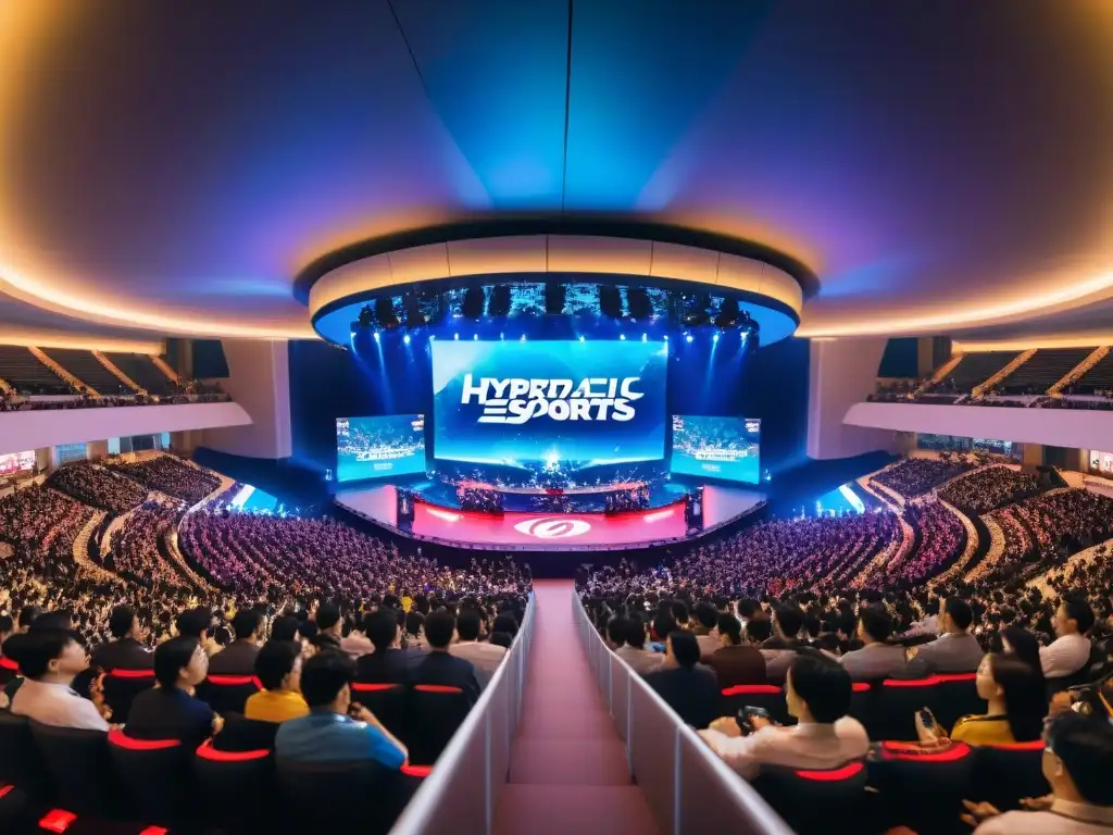 Multitud entusiasta en arena de eSports en Seúl, con fans en hanbok y equipos modernos, reflejando la evolución cultural de los eSports en Asia