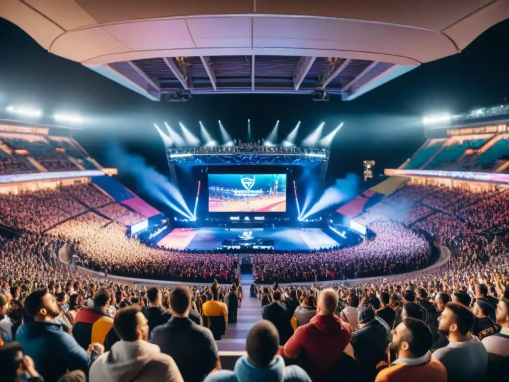 Multitud entusiasta en estadio, apoyando equipos de eSports