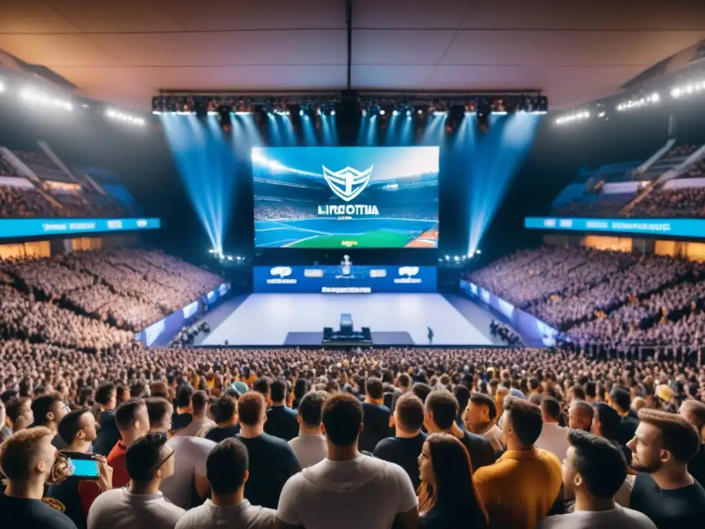 Una multitud entusiasta observa una intensa competencia de deportes electrónicos en un estadio lleno de emoción y evolución