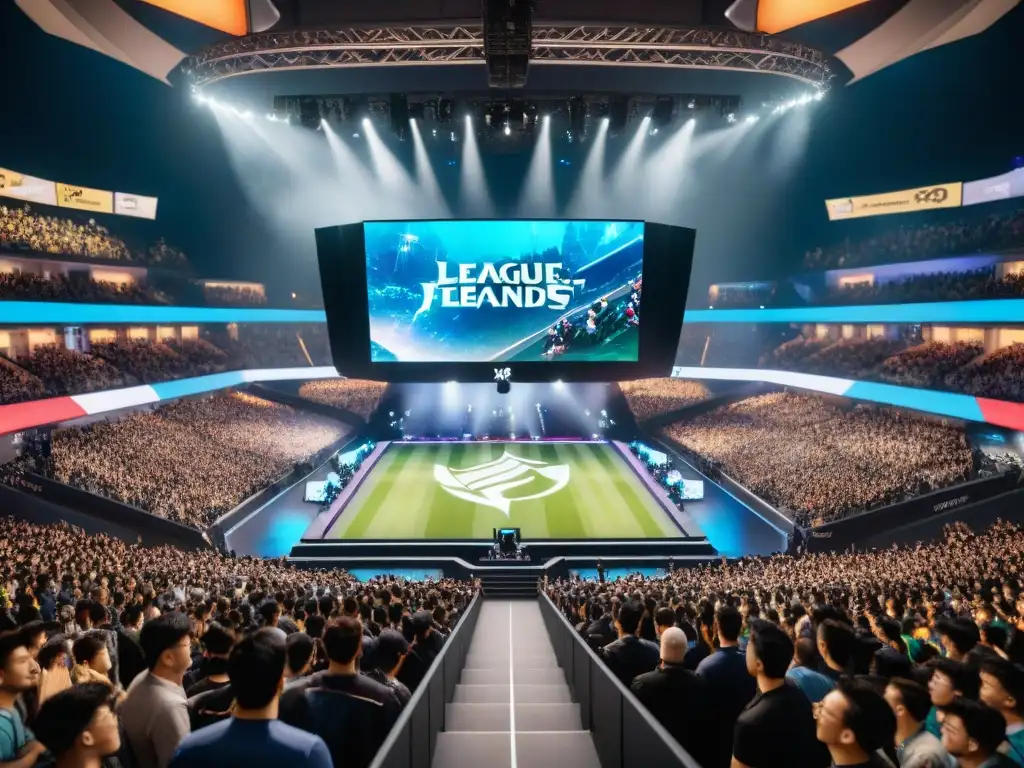 Multitud vibrante en final del Mundial de League of Legends, jugadores enfocados, LED intensos